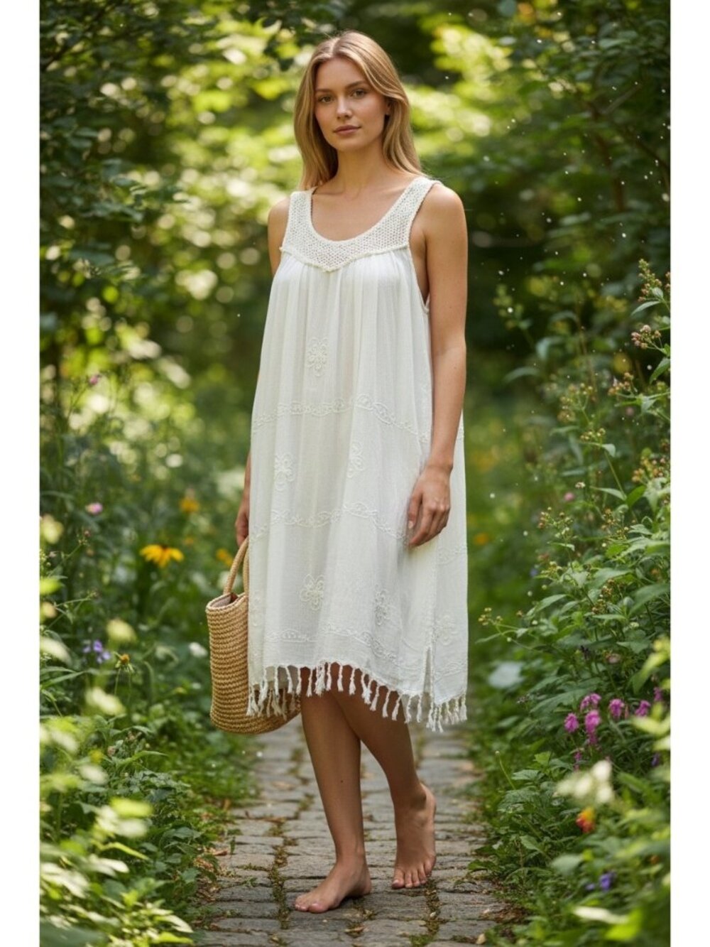 Cleopatra Frimge Midi Swim/Beach Cover White One Size Boho Vacation Resortwear